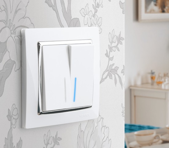 Выключатель двухклавишный проходной с подсветкой (белый) (W1122101)