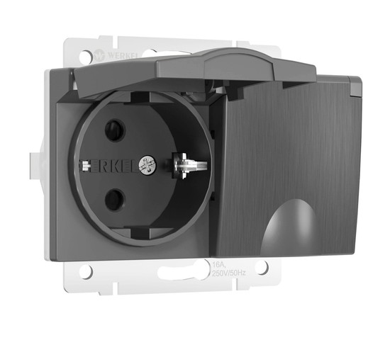 Розетка двойная влагозащ. с зазем. с защит. крышками и шторками (графит рифленый) (W1172204)