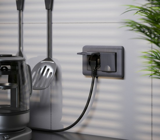 Розетка двойная влагозащ. с зазем. с защит. крышками и шторками (графит рифленый) (W1172204)