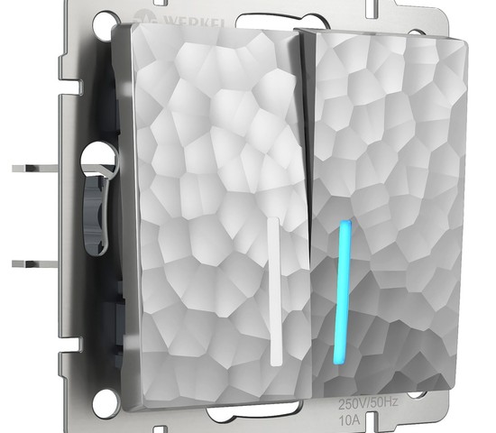 Выключатель двухклавишный проходной с подсветкой (hammer серебряный) (W1222106)