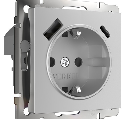 Розетка с заземлением, шторками и USB тип A+C (серебряный) (W1171706)