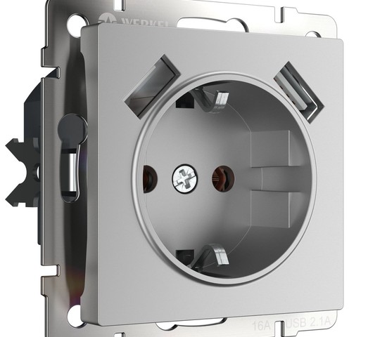 Розетка с заземлением, шторками и USBх2 (серебряный) (W1171506)