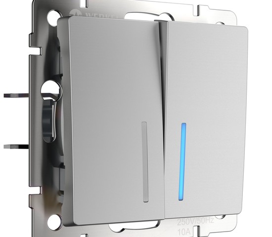 Выключатель двухклавишный проходной с подсветкой (серебряный) (W1122106)