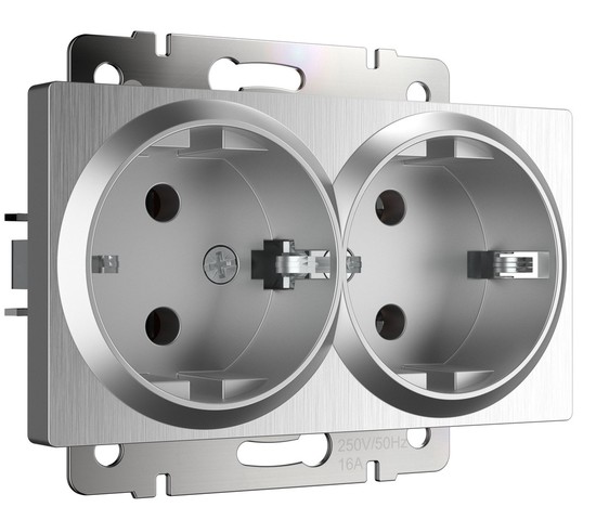 Розетка двойная с заземлением (серебряный рифленый) (W1172009)