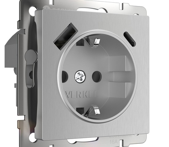 Розетка с заземлением, шторками и USB тип A+C (серебряный рифленый ) (W1171709)