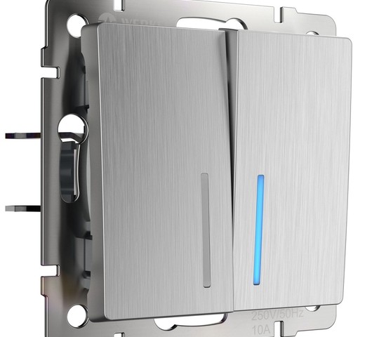 Выключатель двухклавишный проходной с подсветкой (cеребряный рифленый) (W1122109)