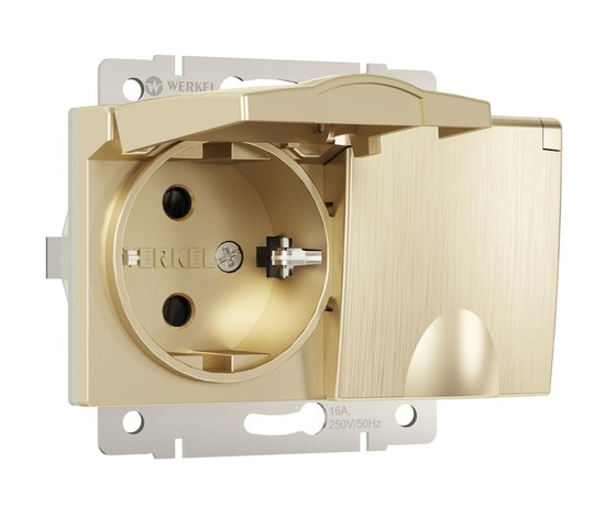 Розетка двойная влагозащ. с зазем. с защит. крышками и шторками (шампань рифленый) (W1172210)