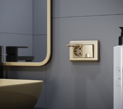 Розетка двойная влагозащ. с зазем. с защит. крышками и шторками (шампань рифленый) (W1172210)