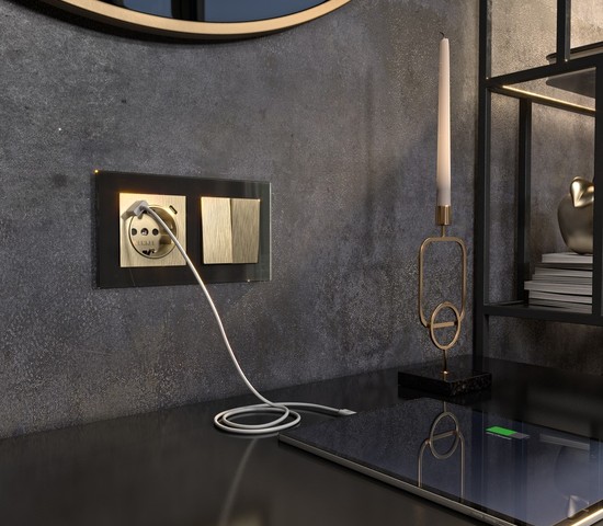 Розетка с заземлением, шторками и USB тип A+C (шампань рифленый ) (W1171710)