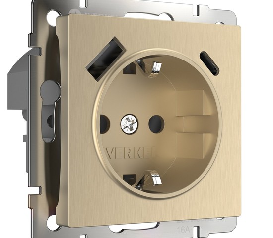 Розетка с заземлением, шторками и USB тип A+C (шампань рифленый ) (W1171710)