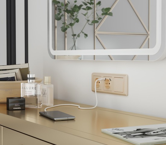 Розетка с заземлением и шторками (шампань рифленый) (W1171110)