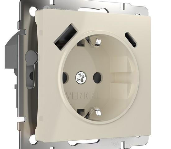 Розетка с заземлением, шторками и USB тип A+C (слоновая кость) (W1171703)