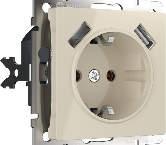 Розетка с заземлением, шторками и USBх2 (слоновая кость) (W1171503)