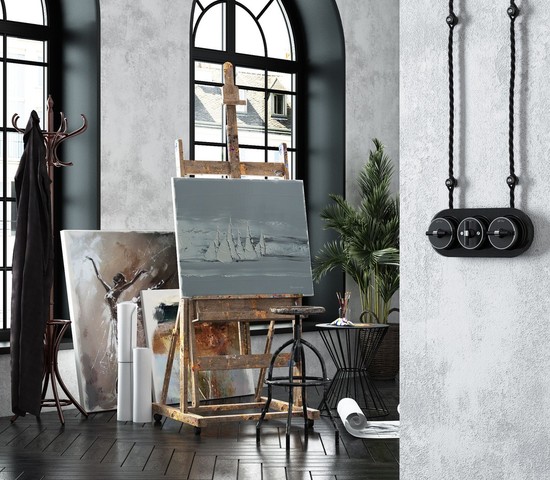 Выключатель на 4 положения двухклавишный Vintage (черный матовый/хром) (W5822051)