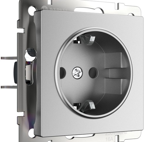 W1171165/ Розетка с заземлением и шторками (серебряный матовый)