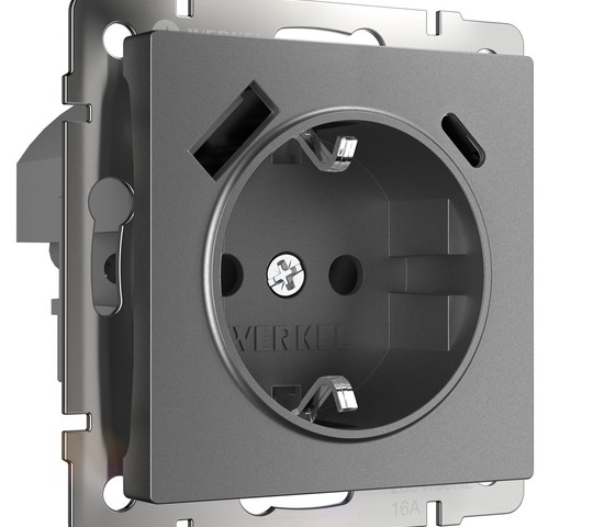 W1171764/ Розетка с заземлением, шторками и USB тип A+C  (графит матовый)
